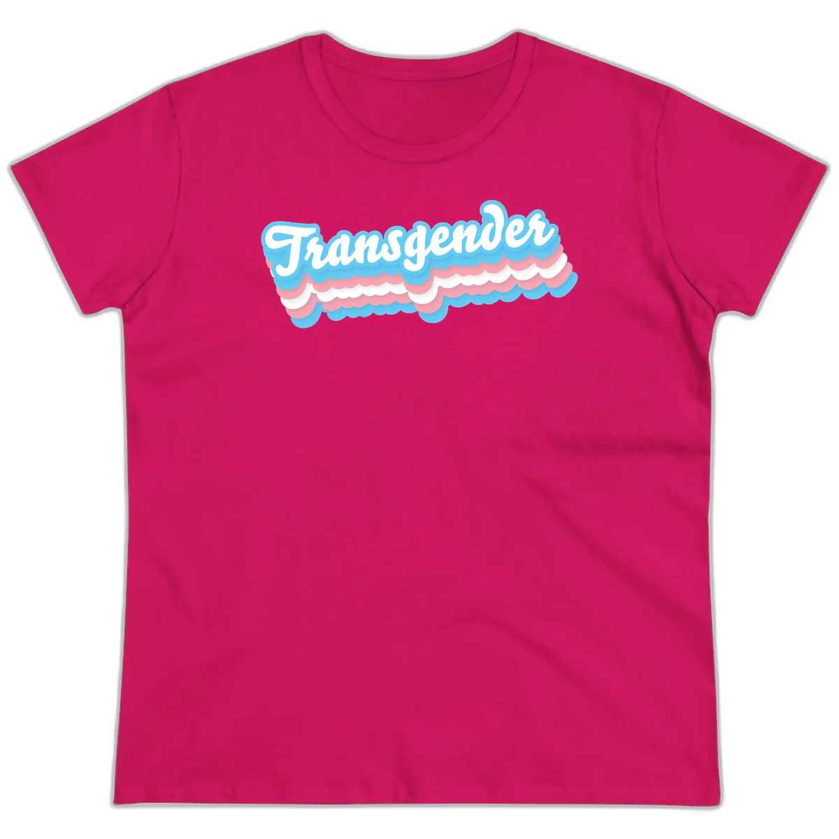 Transgender pride design with white script text surrounded by layered blue, pink, and white scalloped clouds in Heliconia