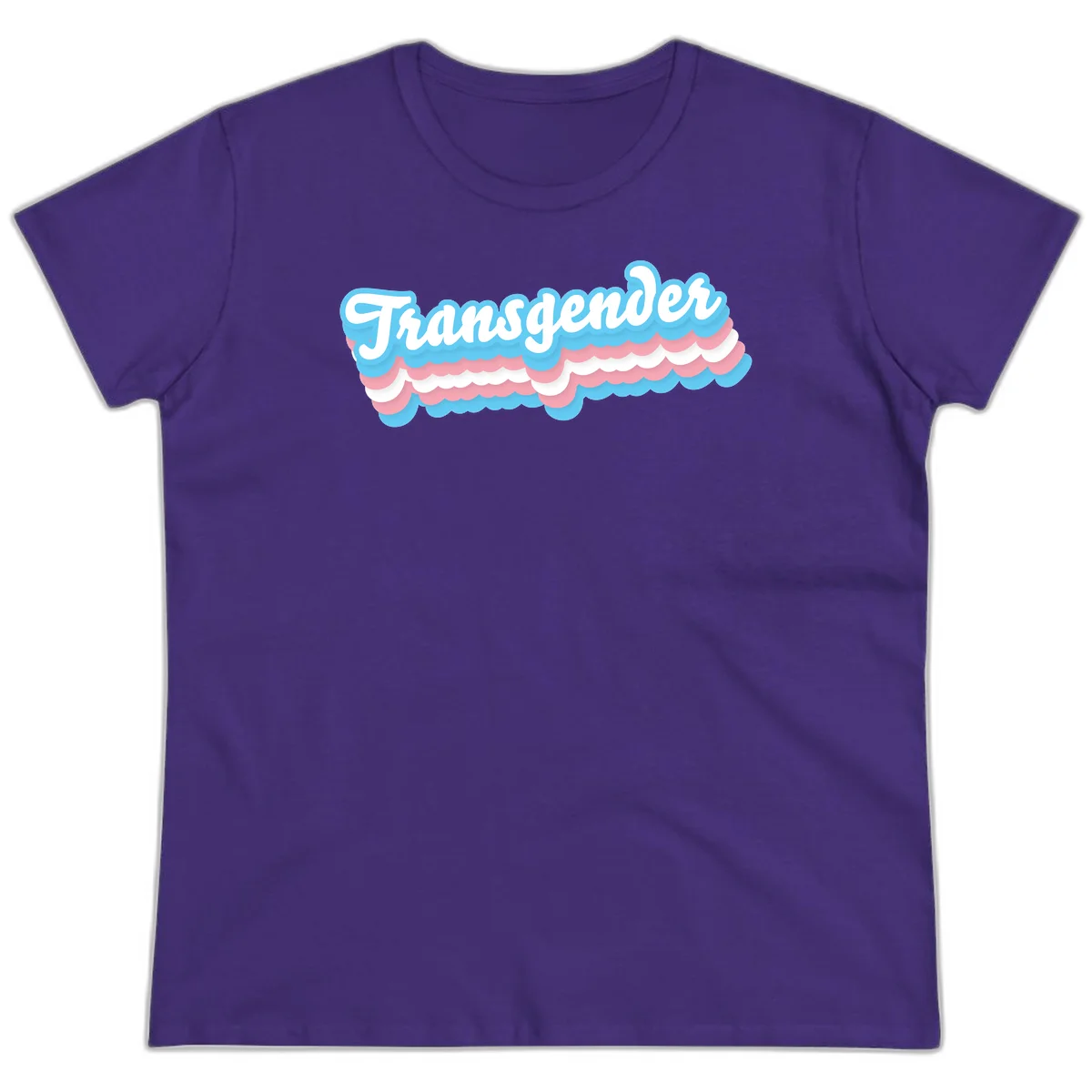 Transgender pride design with white script text surrounded by layered blue, pink, and white scalloped clouds in Purple