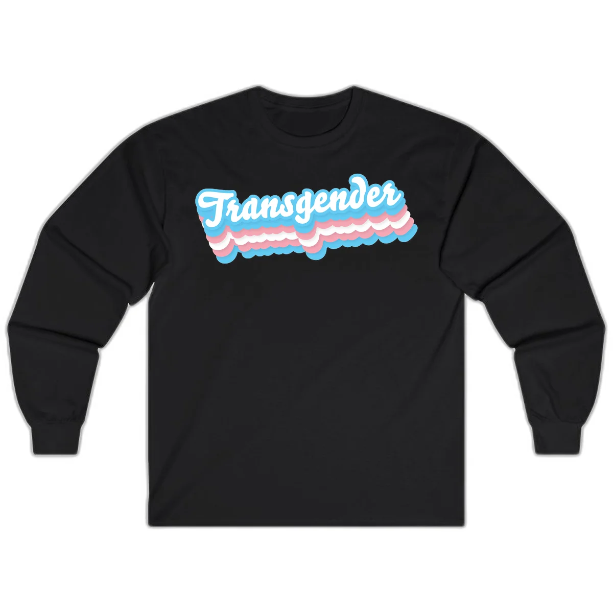 Transgender pride design with white script text surrounded by layered blue, pink, and white scalloped clouds in Black