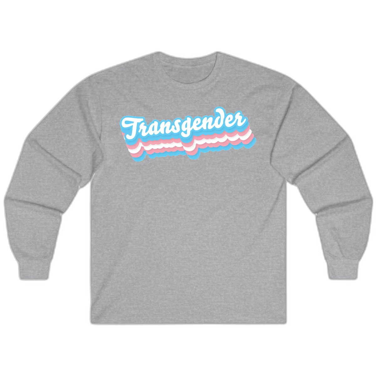 Transgender pride design with white script text surrounded by layered blue, pink, and white scalloped clouds in Sport Grey
