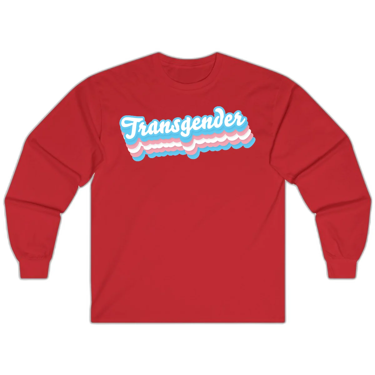 Transgender pride design with white script text surrounded by layered blue, pink, and white scalloped clouds in Red