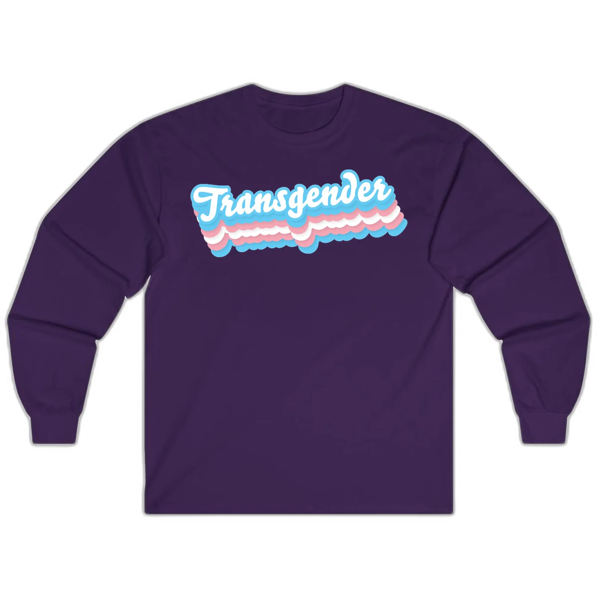 Transgender pride design with white script text surrounded by layered blue, pink, and white scalloped clouds in Purple