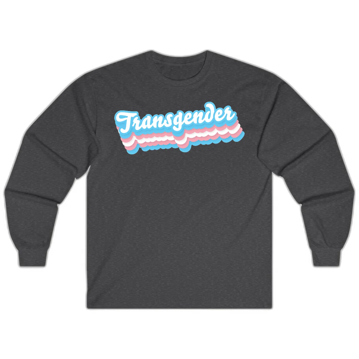 Transgender pride design with white script text surrounded by layered blue, pink, and white scalloped clouds in Dark Heather