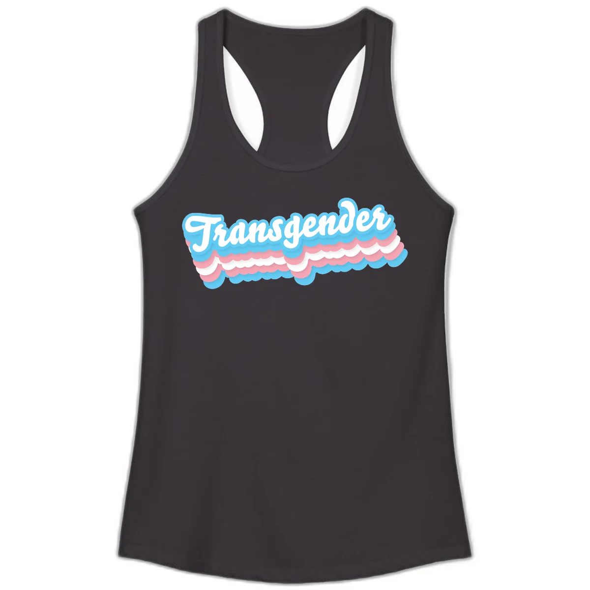 Transgender pride design with white script text surrounded by layered blue, pink, and white scalloped clouds in Black