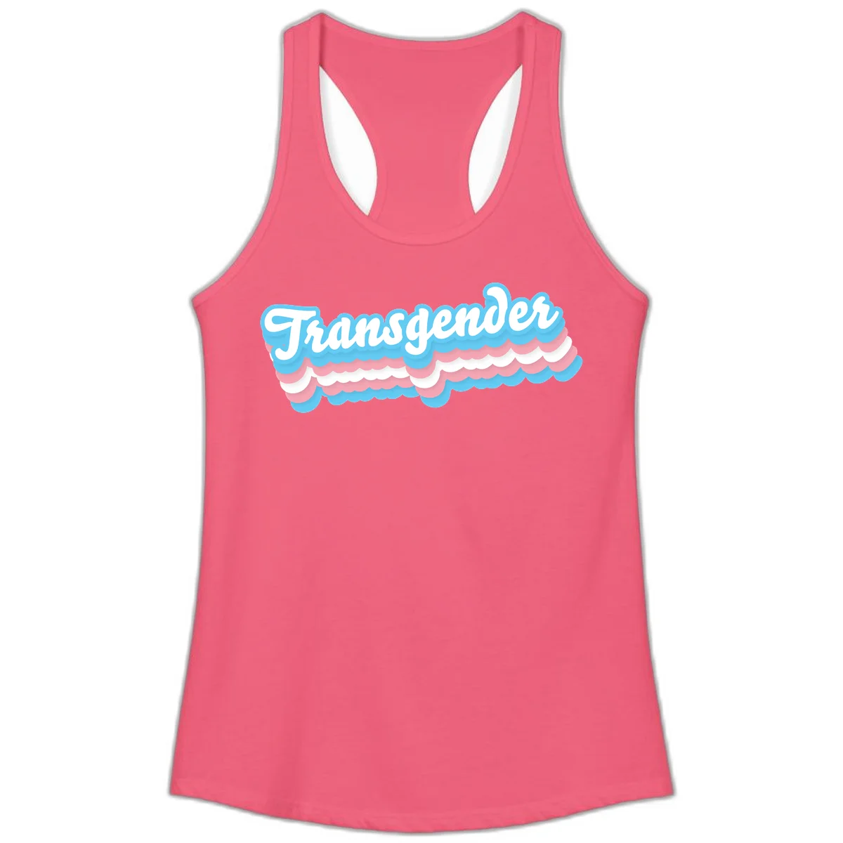 Transgender pride design with white script text surrounded by layered blue, pink, and white scalloped clouds in Hot Pink