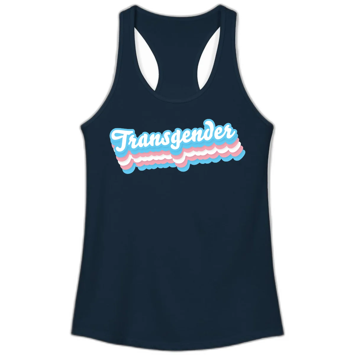 Transgender pride design with white script text surrounded by layered blue, pink, and white scalloped clouds in Solid Midnight Navy