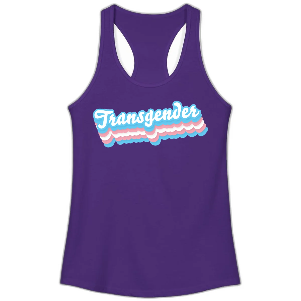Transgender pride design with white script text surrounded by layered blue, pink, and white scalloped clouds in Solid Purple Rush