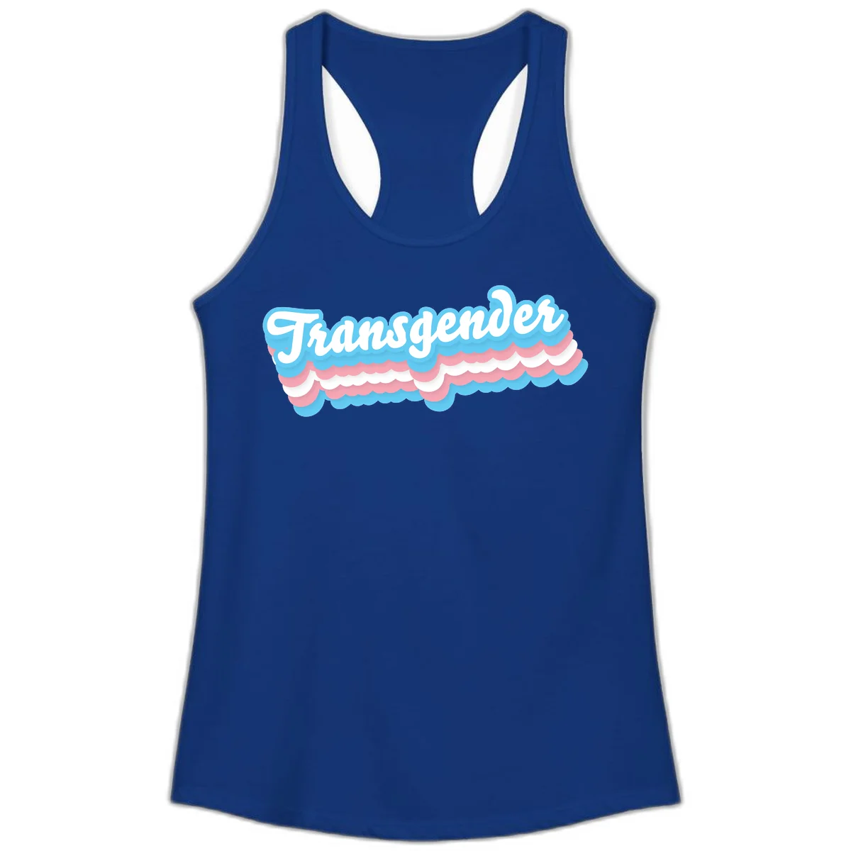 Transgender pride design with white script text surrounded by layered blue, pink, and white scalloped clouds in Solid Royal