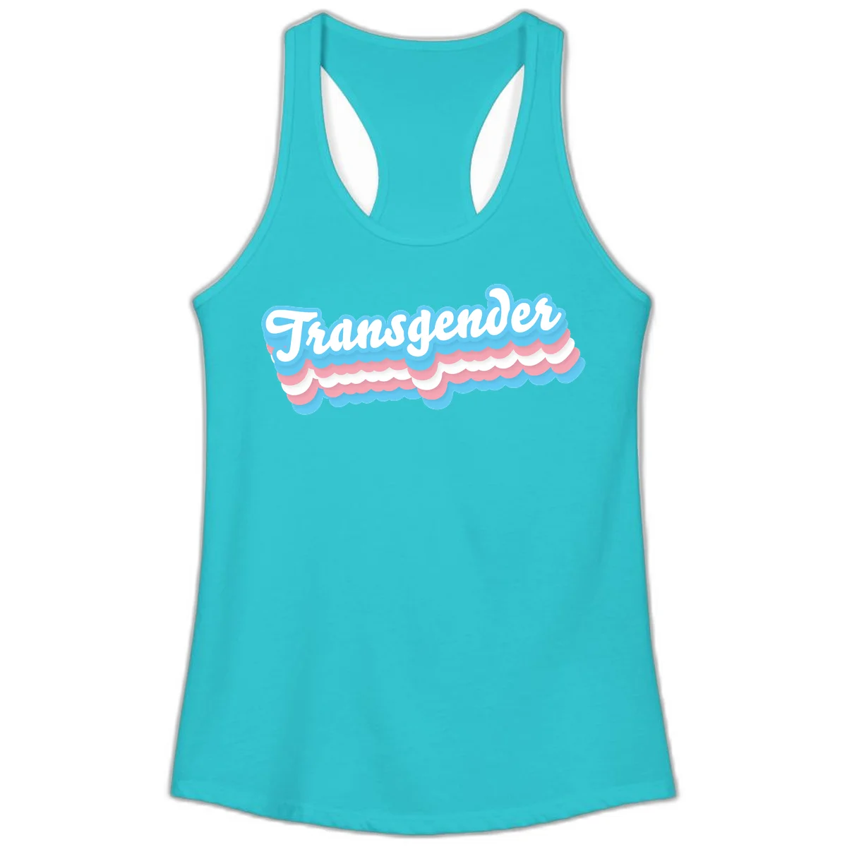 Transgender pride design with white script text surrounded by layered blue, pink, and white scalloped clouds in Solid Tahiti Blue