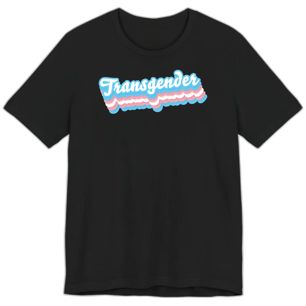 Transgender pride design with white script text surrounded by layered blue, pink, and white scalloped clouds in Black