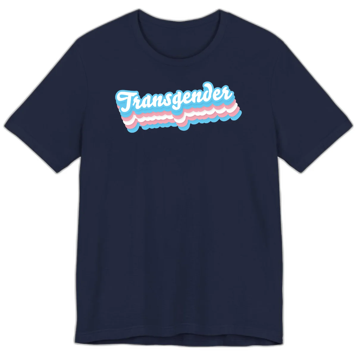 Transgender pride design with white script text surrounded by layered blue, pink, and white scalloped clouds in Navy