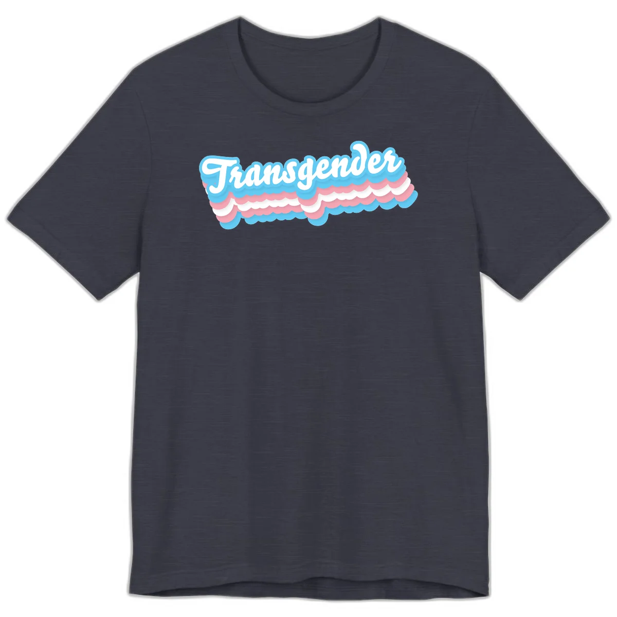 Transgender pride design with white script text surrounded by layered blue, pink, and white scalloped clouds in Heather Midnight Navy
