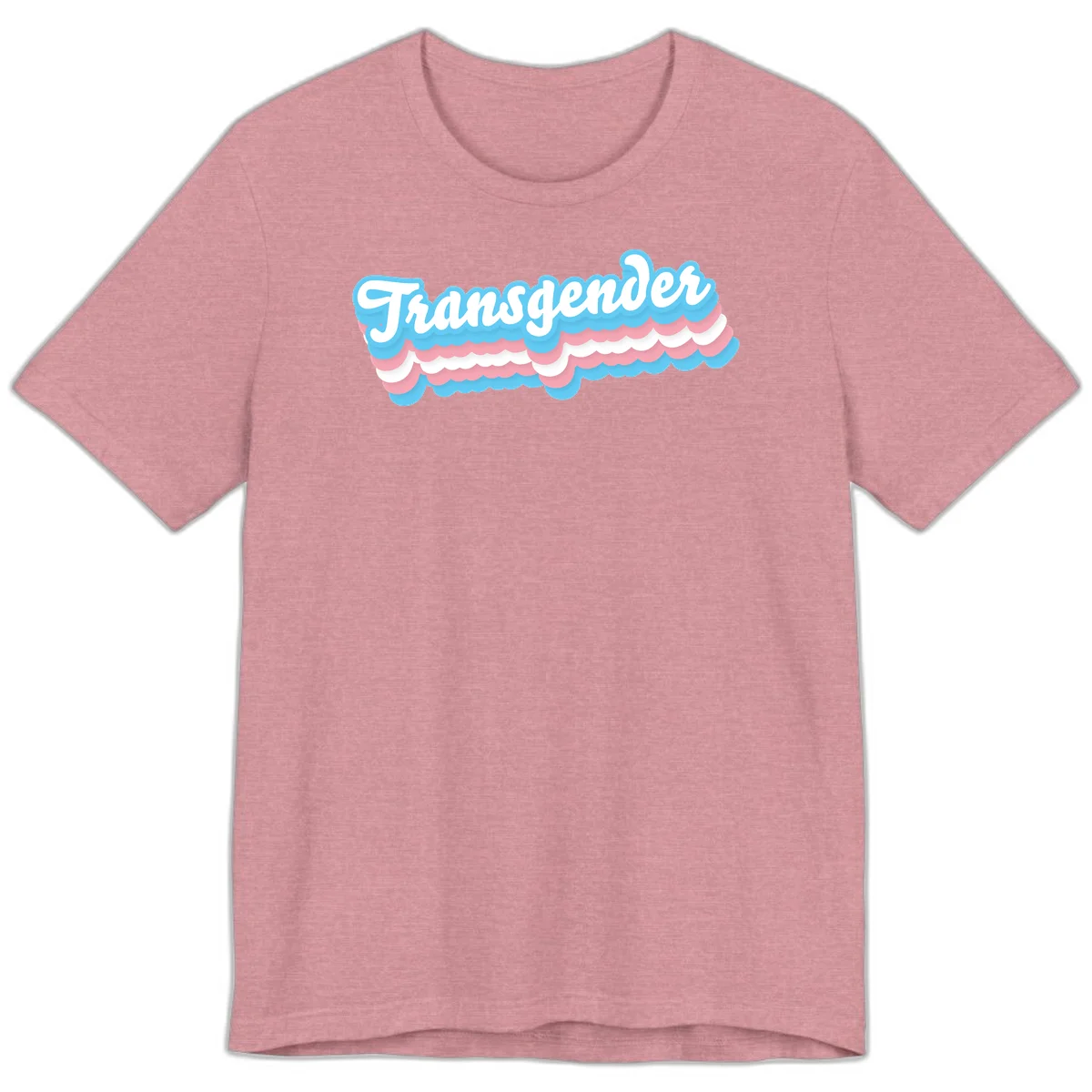 Transgender pride design with white script text surrounded by layered blue, pink, and white scalloped clouds in Heather Orchid