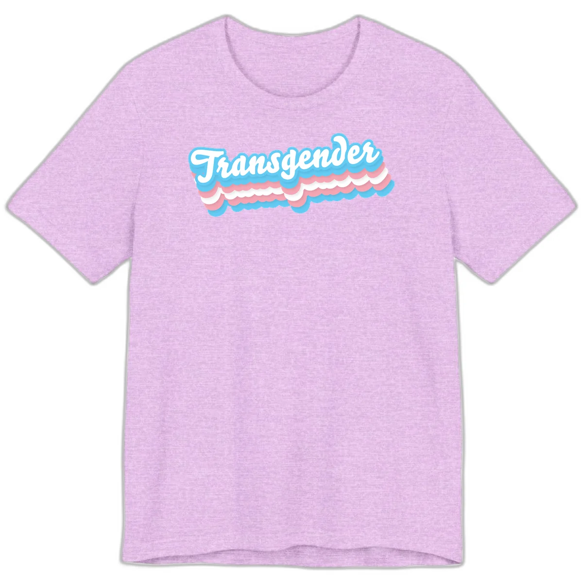 Transgender pride design with white script text surrounded by layered blue, pink, and white scalloped clouds in Heather Prism Lilac