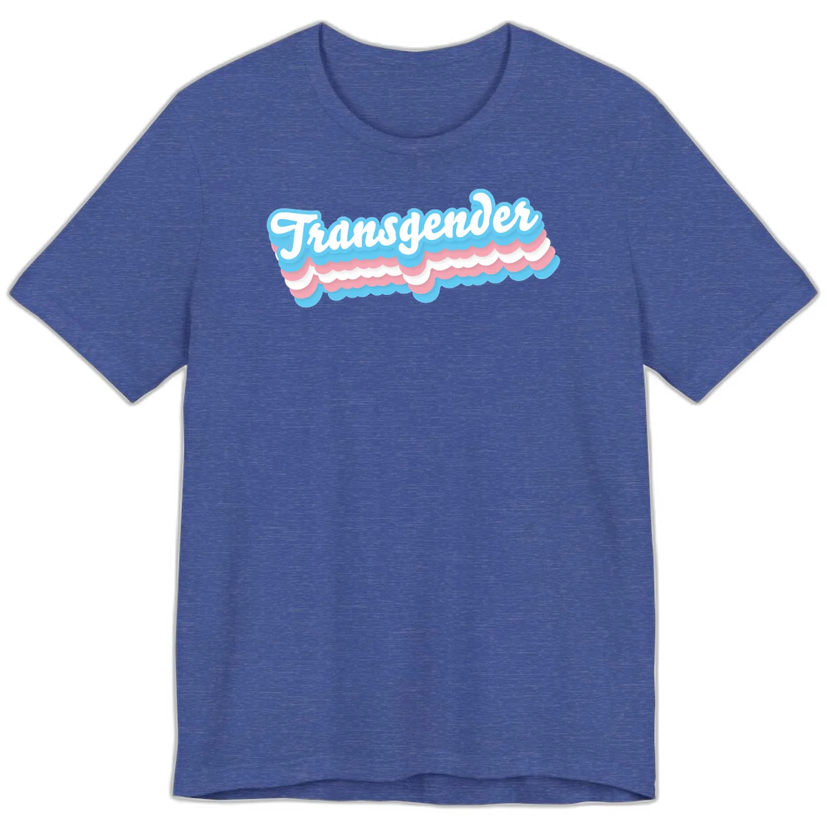 Transgender pride design with white script text surrounded by layered blue, pink, and white scalloped clouds in Heather True Royal