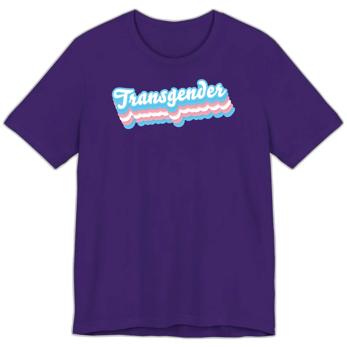 Transgender pride design with white script text surrounded by layered blue, pink, and white scalloped clouds in Team Purple
