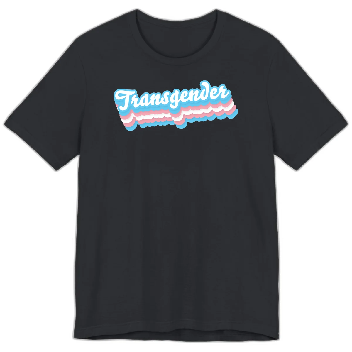 Transgender pride design with white script text surrounded by layered blue, pink, and white scalloped clouds in Vintage Black