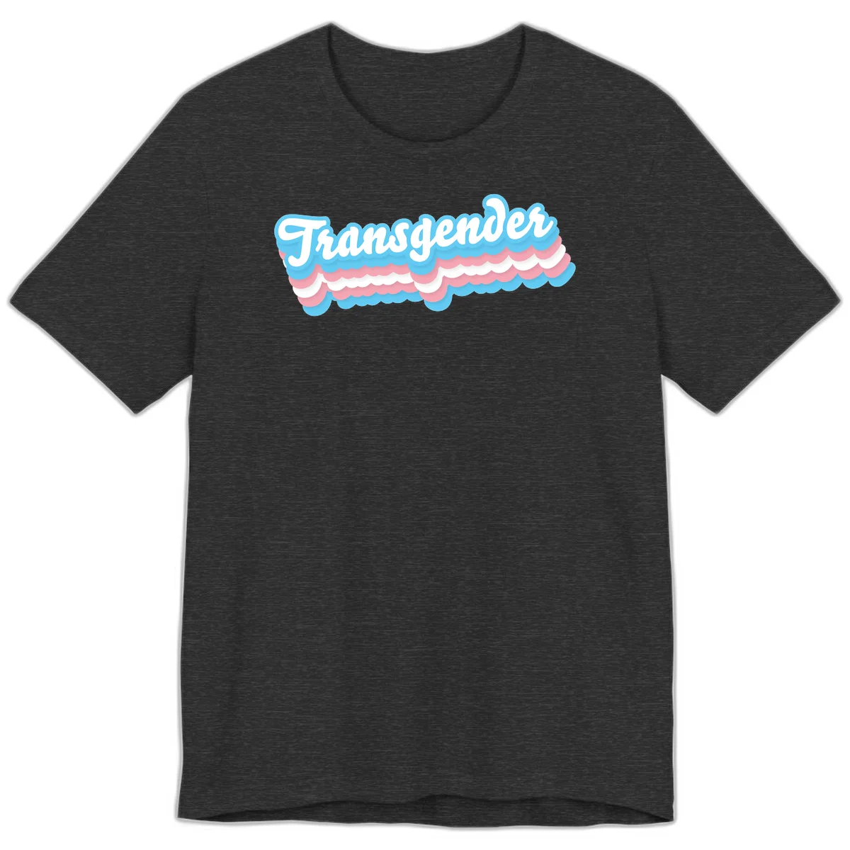 Transgender pride design with white script text surrounded by layered blue, pink, and white scalloped clouds in Dark Grey Heather