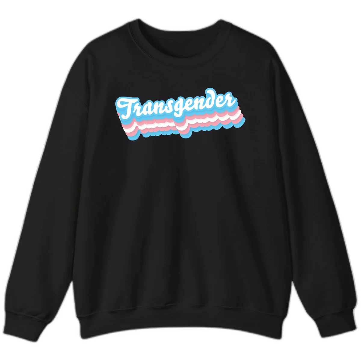 Transgender pride design with white script text surrounded by layered blue, pink, and white scalloped clouds in Black
