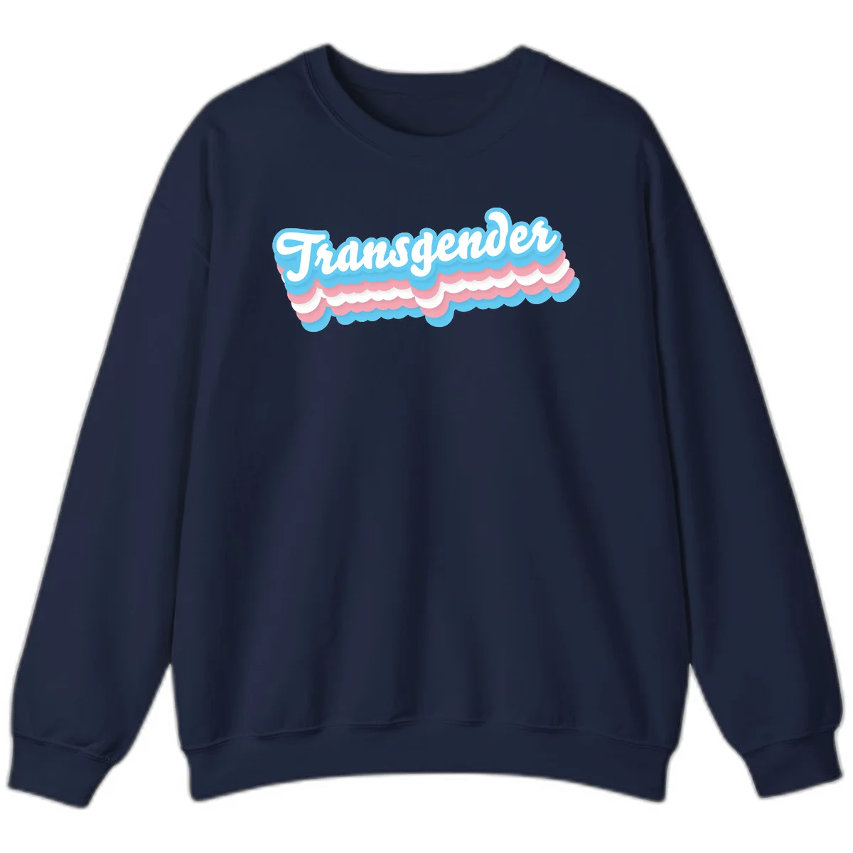Transgender pride design with white script text surrounded by layered blue, pink, and white scalloped clouds in Navy