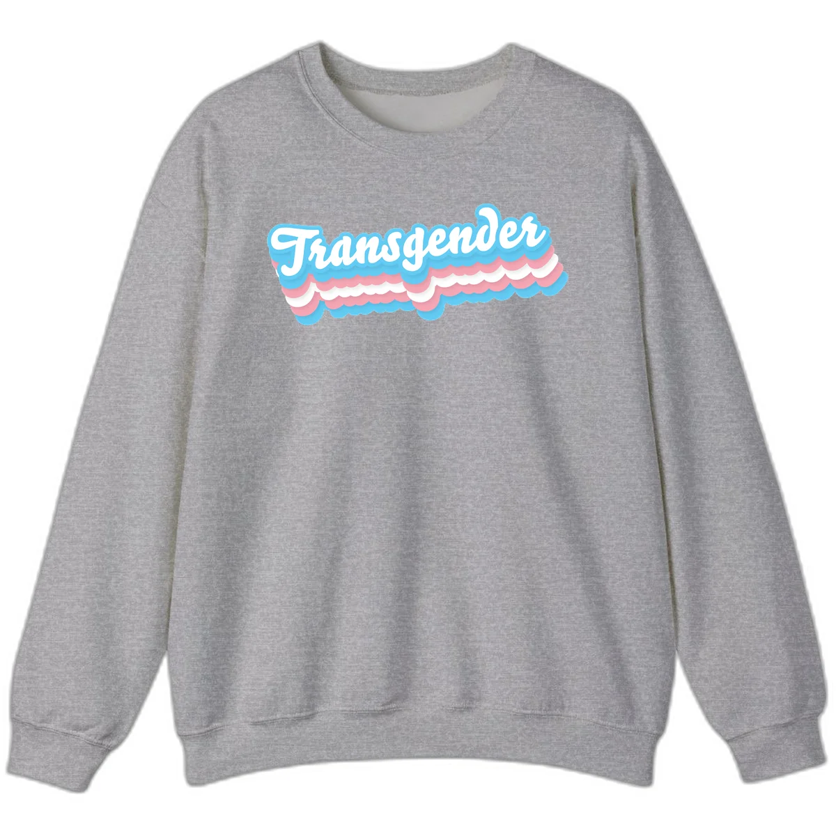 Transgender pride design with white script text surrounded by layered blue, pink, and white scalloped clouds in Sport Grey