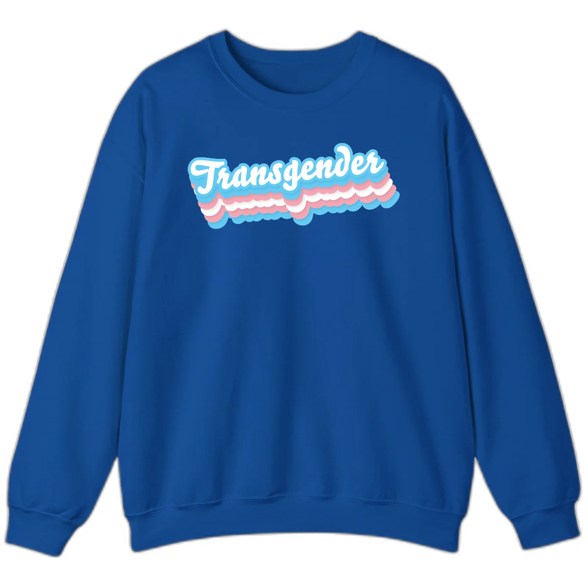 Transgender pride design with white script text surrounded by layered blue, pink, and white scalloped clouds in Royal