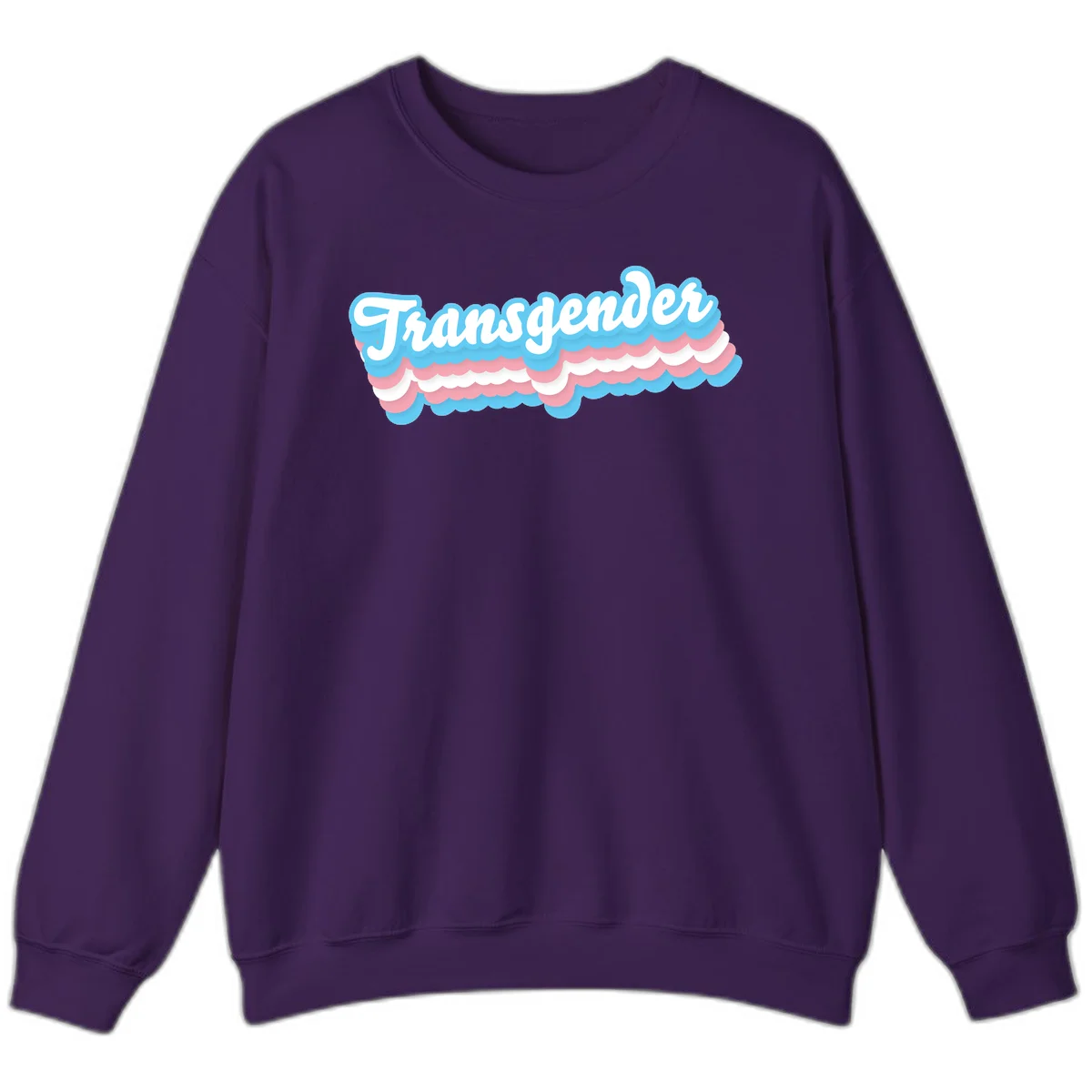 Transgender pride design with white script text surrounded by layered blue, pink, and white scalloped clouds in Purple