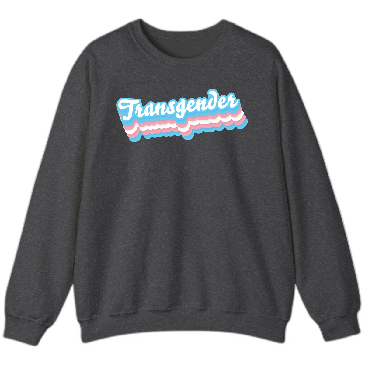 Transgender pride design with white script text surrounded by layered blue, pink, and white scalloped clouds in Dark Heather