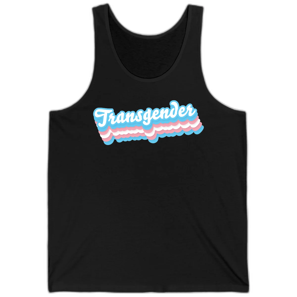 Transgender pride design with white script text surrounded by layered blue, pink, and white scalloped clouds in Black