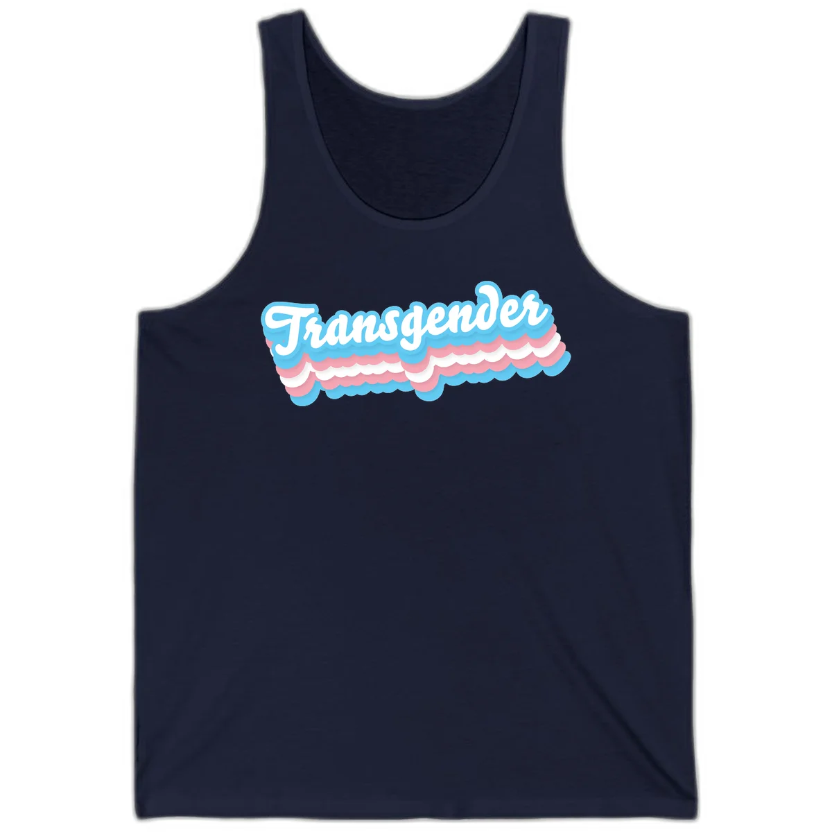 Transgender pride design with white script text surrounded by layered blue, pink, and white scalloped clouds in Navy