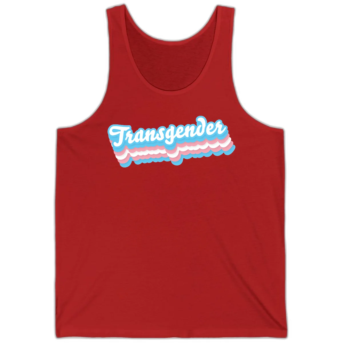 Transgender pride design with white script text surrounded by layered blue, pink, and white scalloped clouds in Red