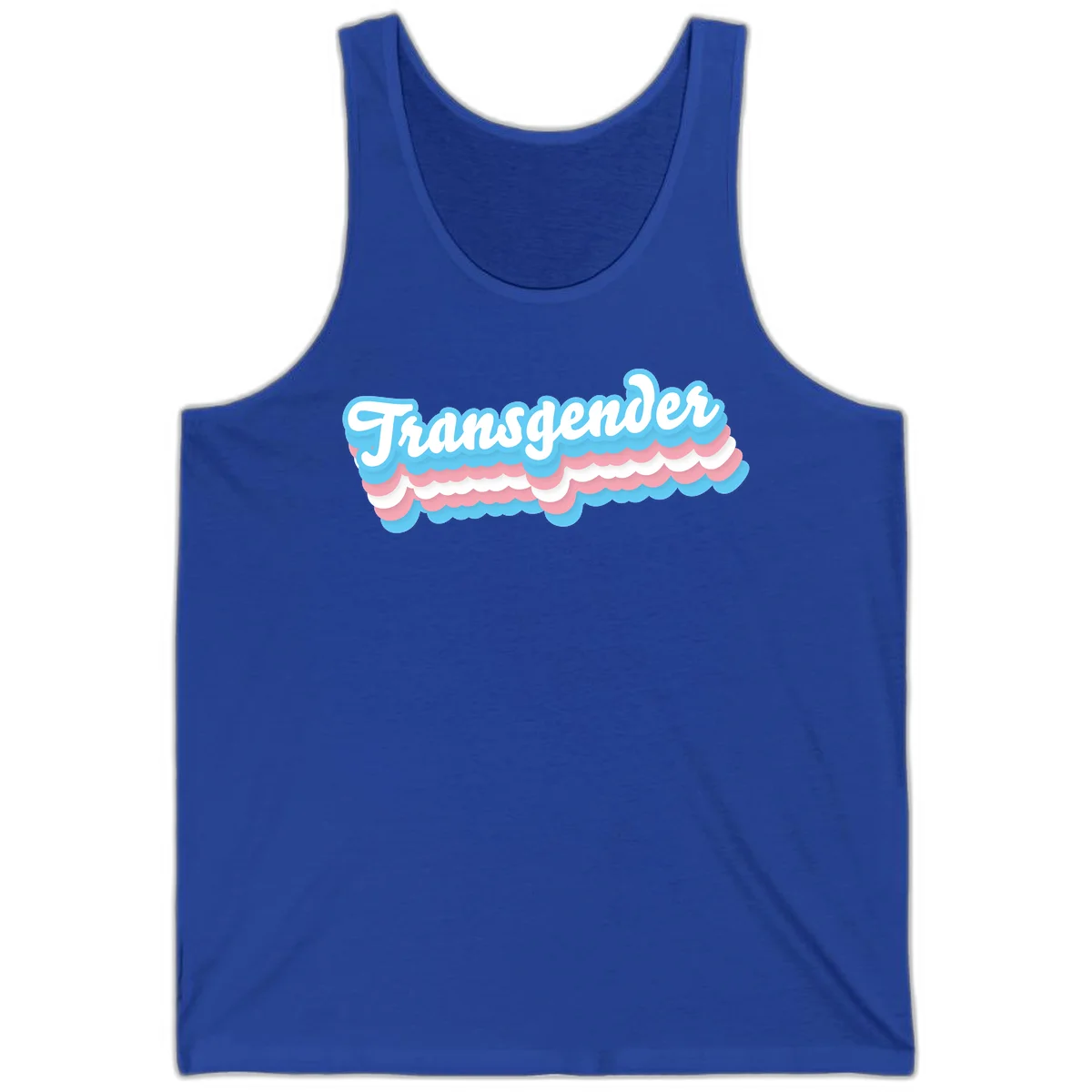 Transgender pride design with white script text surrounded by layered blue, pink, and white scalloped clouds in True Royal