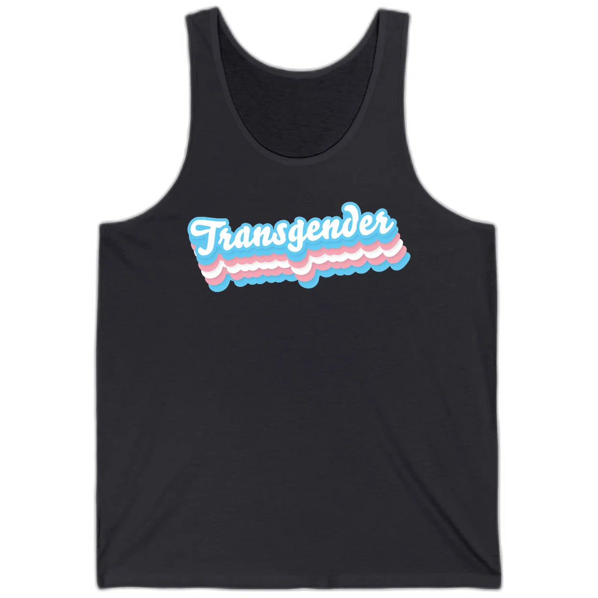 Transgender pride design with white script text surrounded by layered blue, pink, and white scalloped clouds in Dark Grey