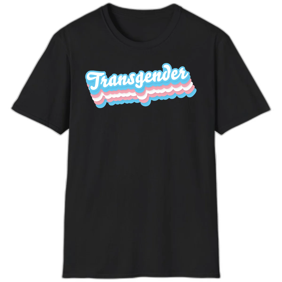Transgender pride design with white script text surrounded by layered blue, pink, and white scalloped clouds in Black