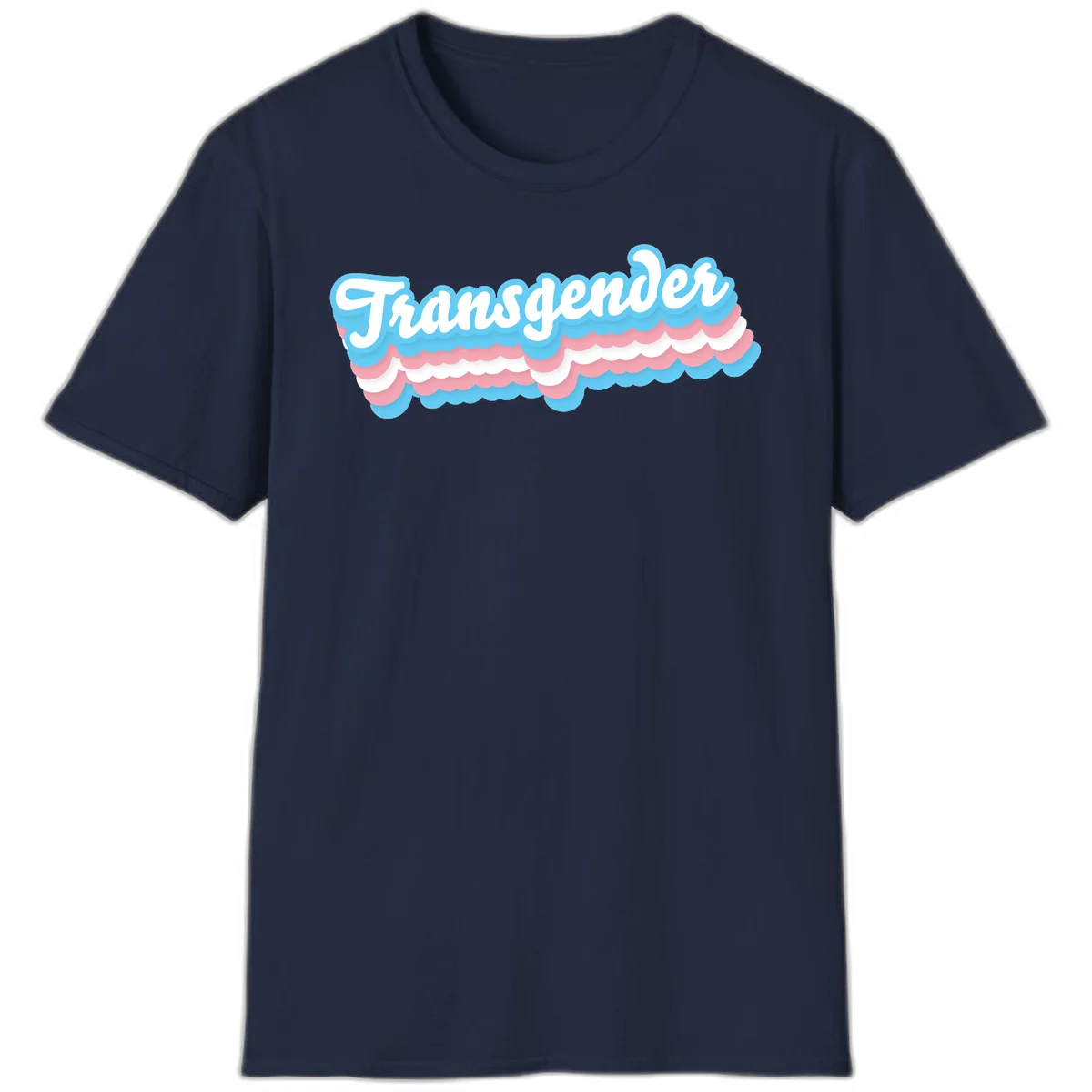 Transgender pride design with white script text surrounded by layered blue, pink, and white scalloped clouds in Navy