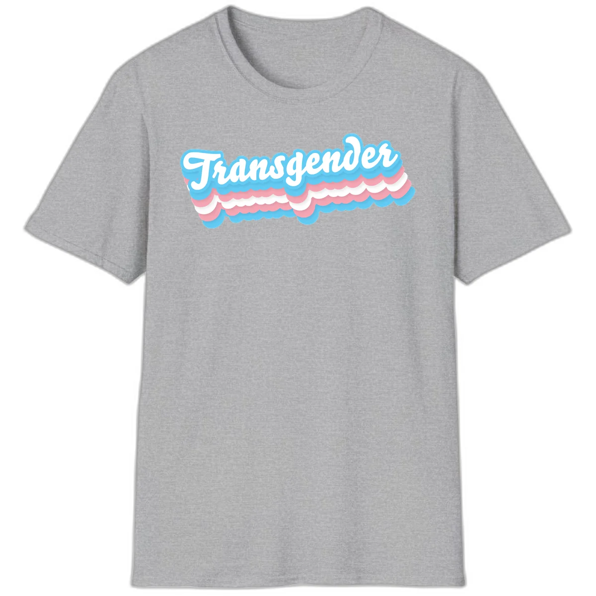 Transgender pride design with white script text surrounded by layered blue, pink, and white scalloped clouds in Sport Grey