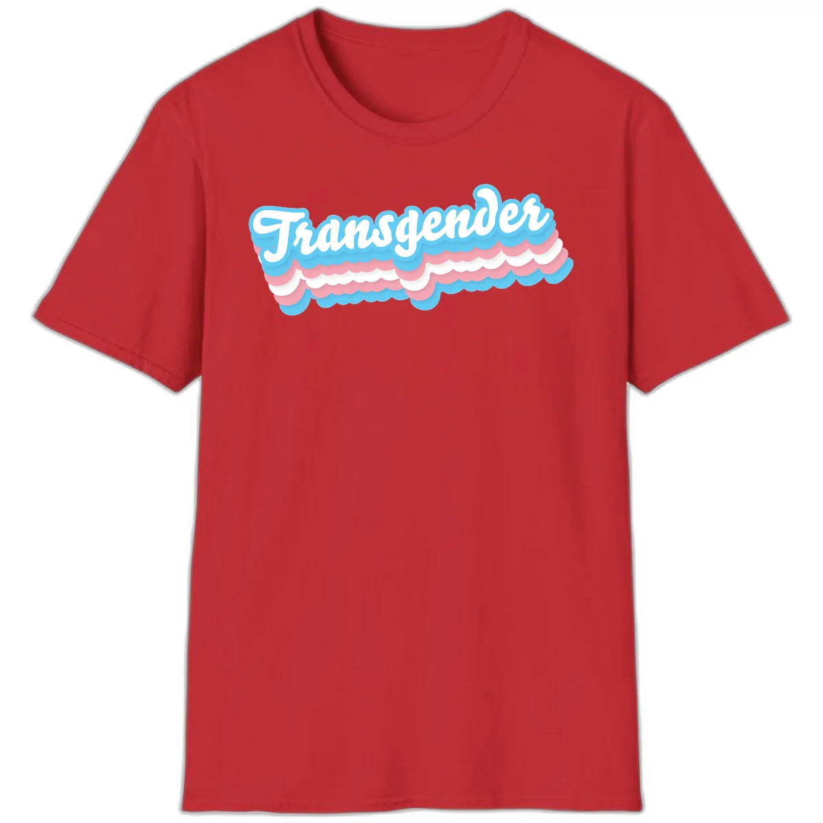 Transgender pride design with white script text surrounded by layered blue, pink, and white scalloped clouds in Red