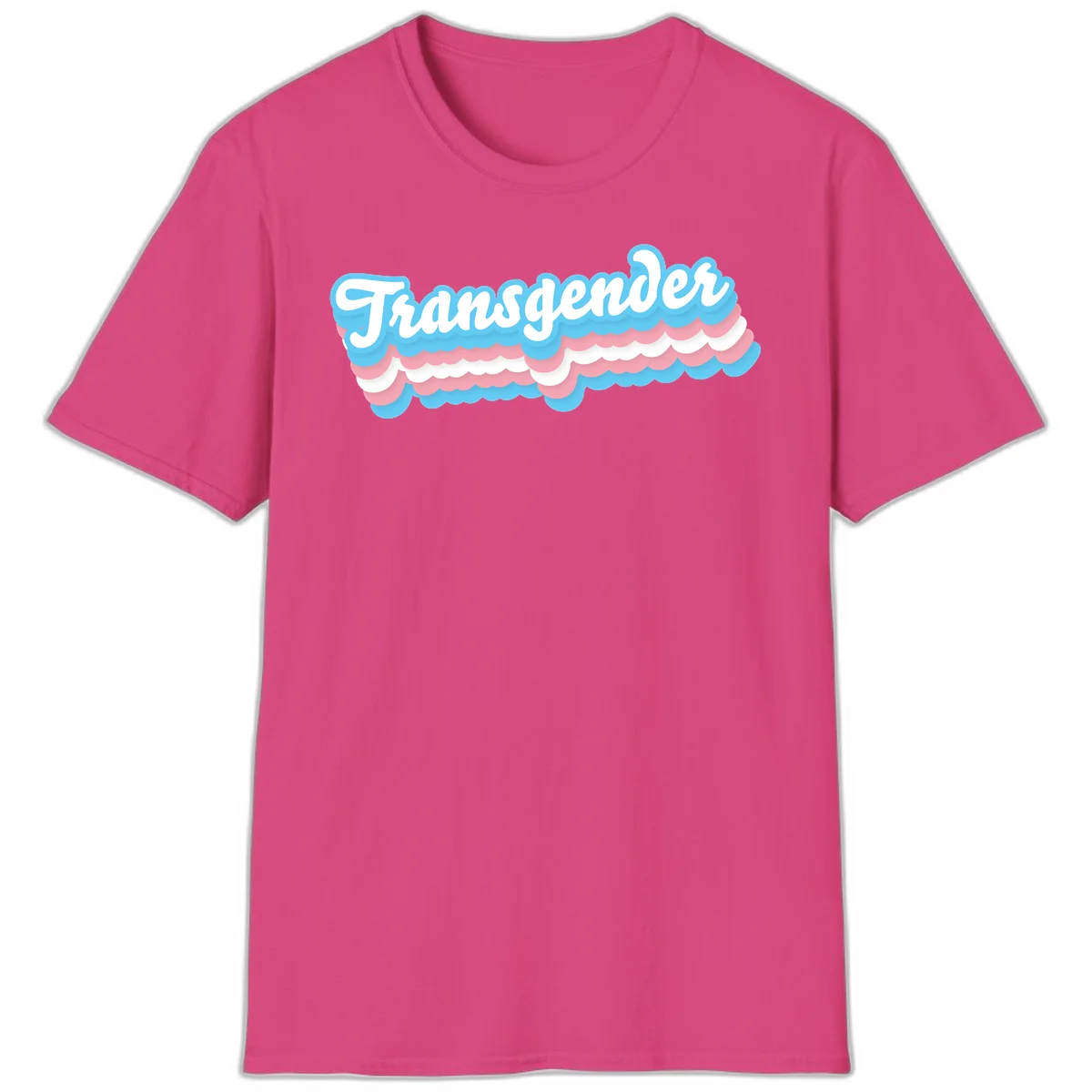 Transgender pride design with white script text surrounded by layered blue, pink, and white scalloped clouds in Heliconia