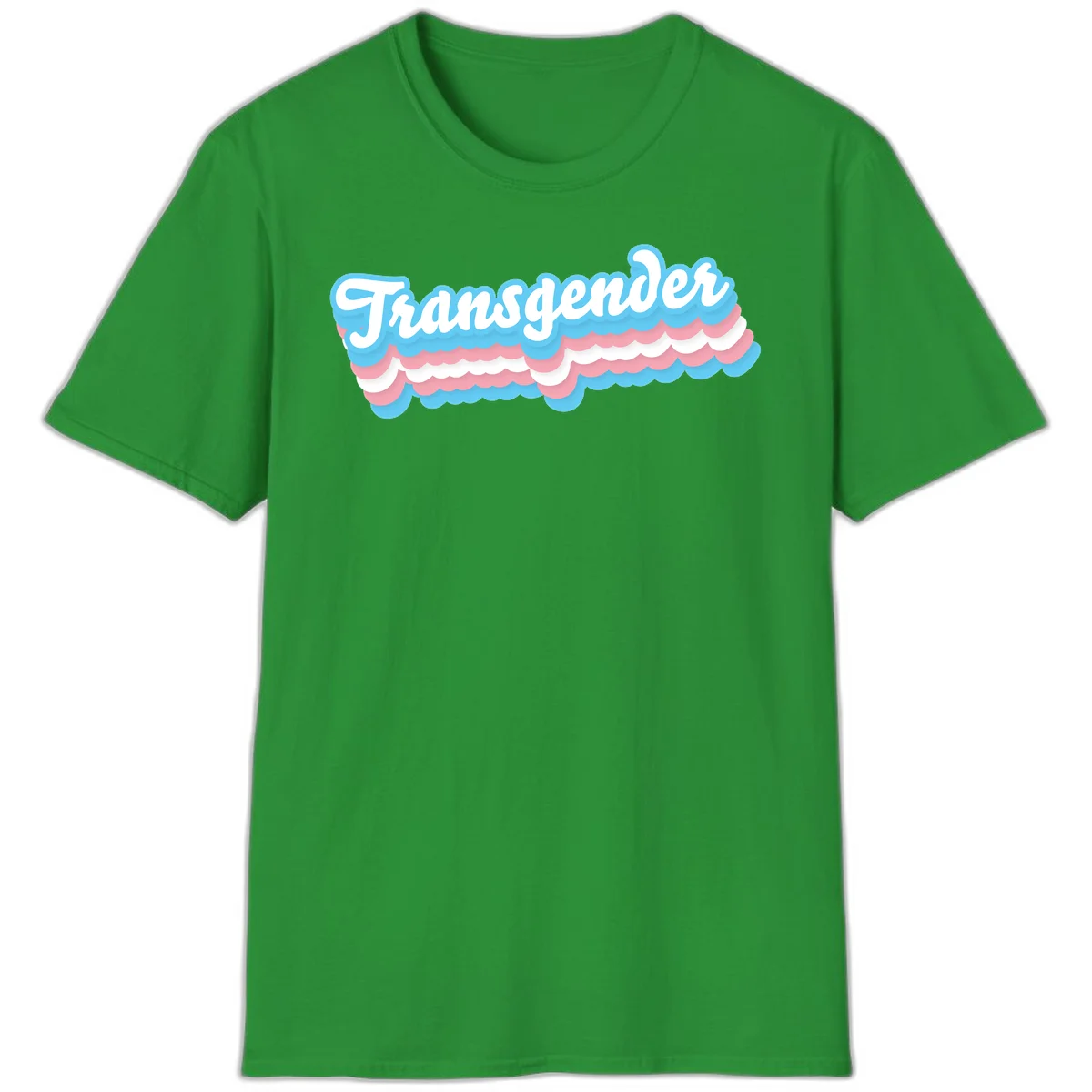 Transgender pride design with white script text surrounded by layered blue, pink, and white scalloped clouds in Irish Green
