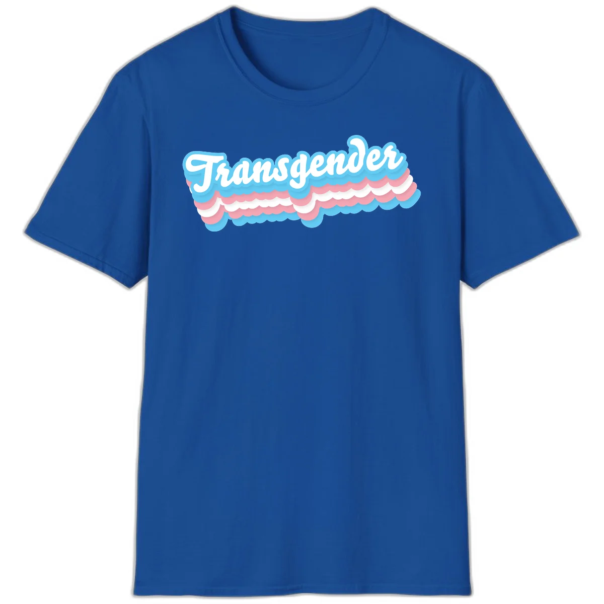 Transgender pride design with white script text surrounded by layered blue, pink, and white scalloped clouds in Royal