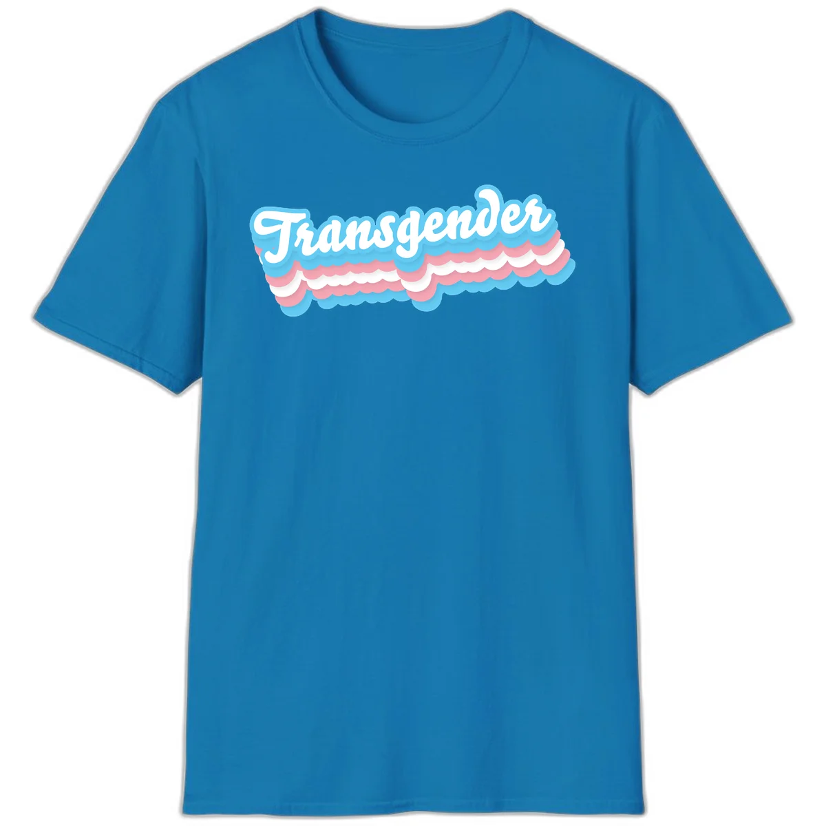Transgender pride design with white script text surrounded by layered blue, pink, and white scalloped clouds in Sapphire