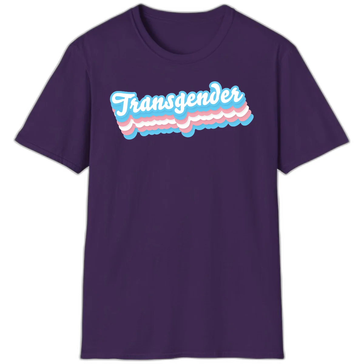 Transgender pride design with white script text surrounded by layered blue, pink, and white scalloped clouds in Purple
