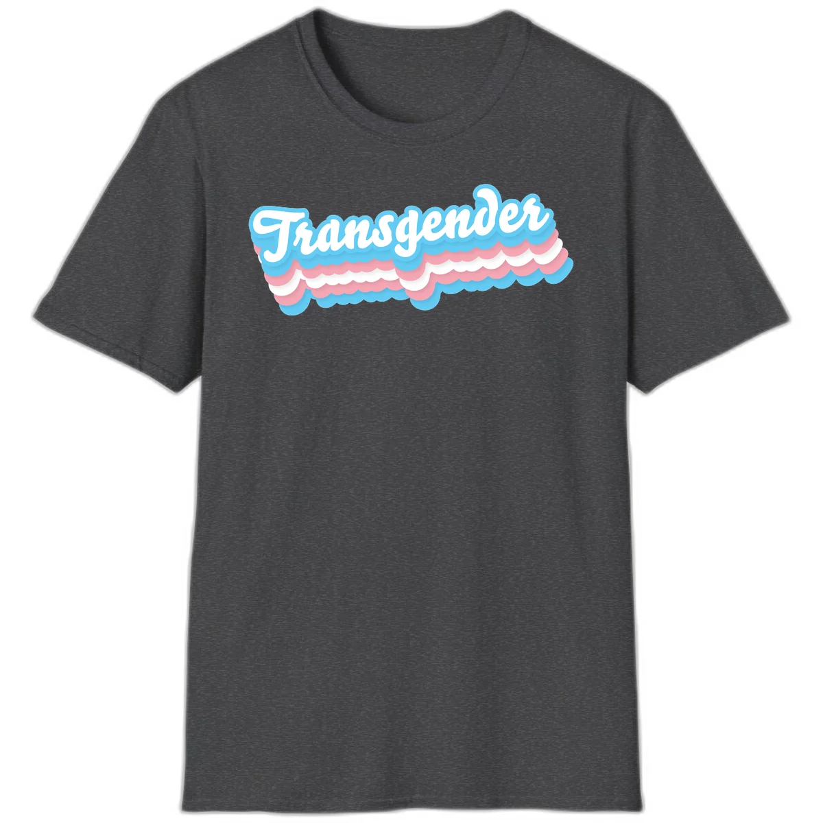 Transgender pride design with white script text surrounded by layered blue, pink, and white scalloped clouds in Dark Heather