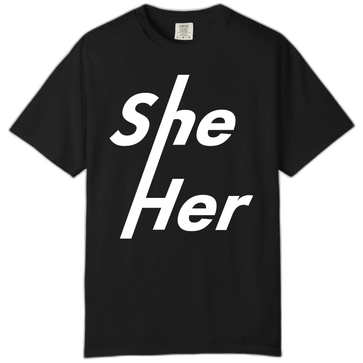 White text reading 'She/Her' with a diagonal forward slash on gray background, pronoun pride design in Black