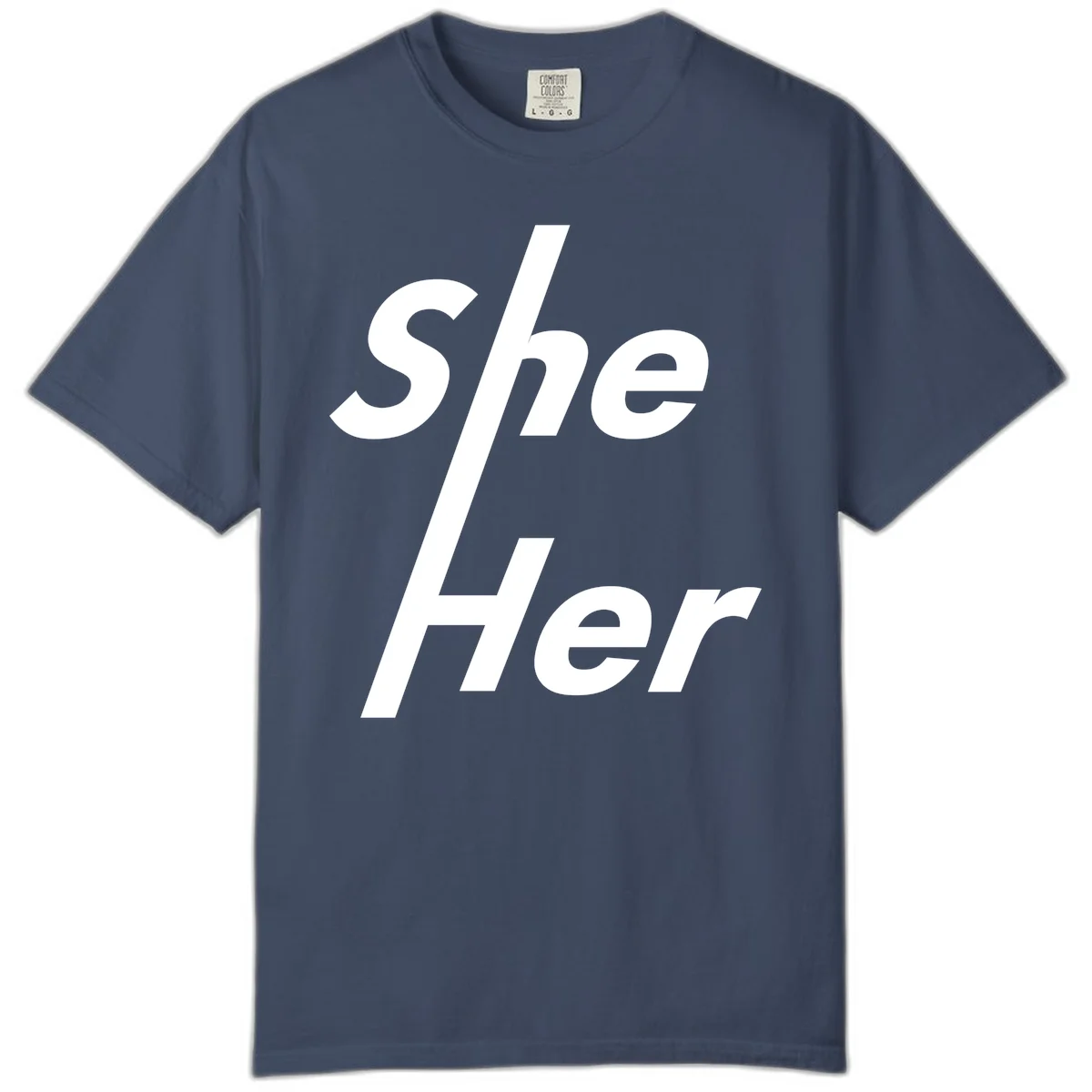White text reading 'She/Her' with a diagonal forward slash on gray background, pronoun pride design in Midnight