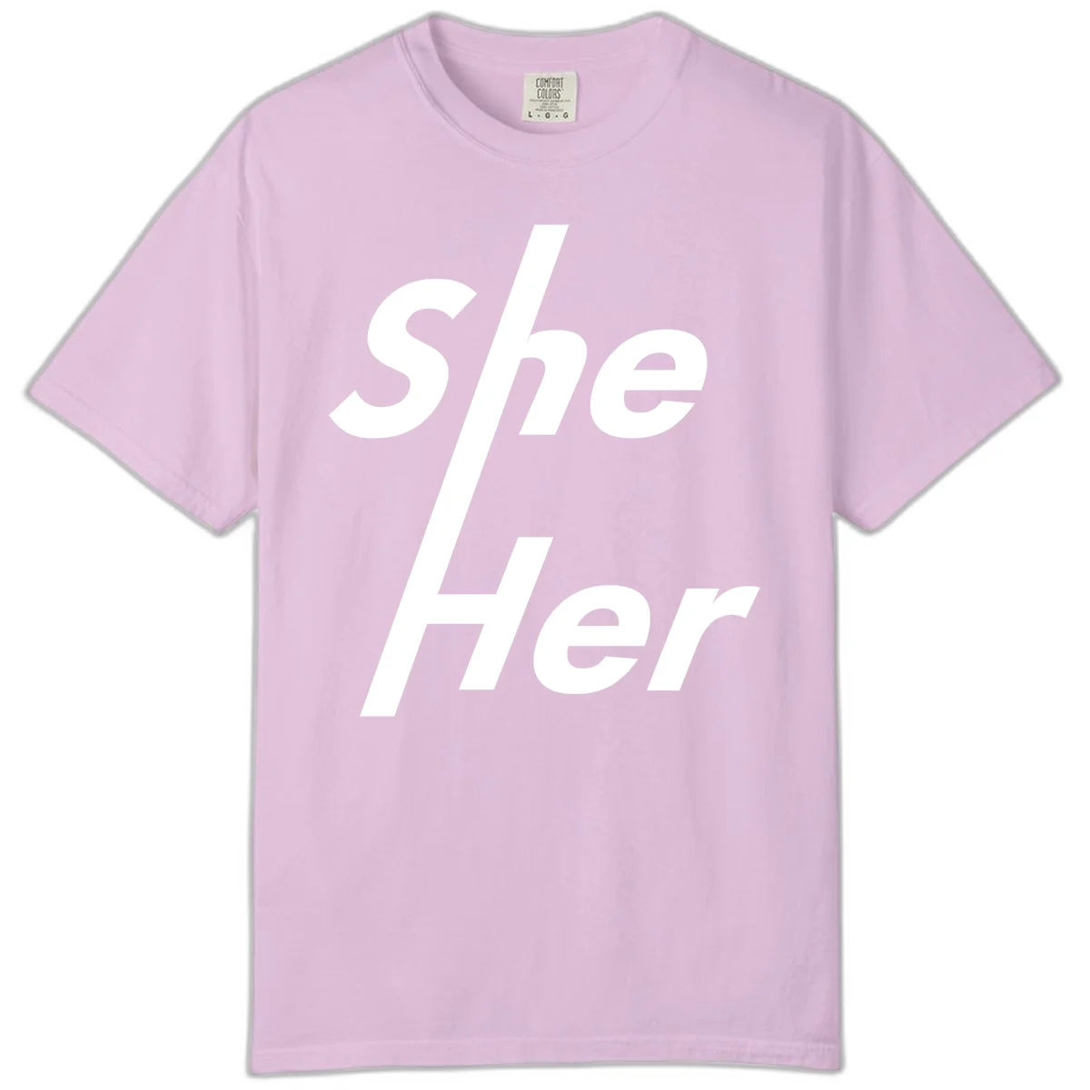 White text reading 'She/Her' with a diagonal forward slash on gray background, pronoun pride design in Orchid