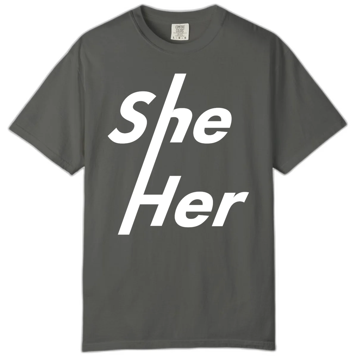 White text reading 'She/Her' with a diagonal forward slash on gray background, pronoun pride design in Pepper