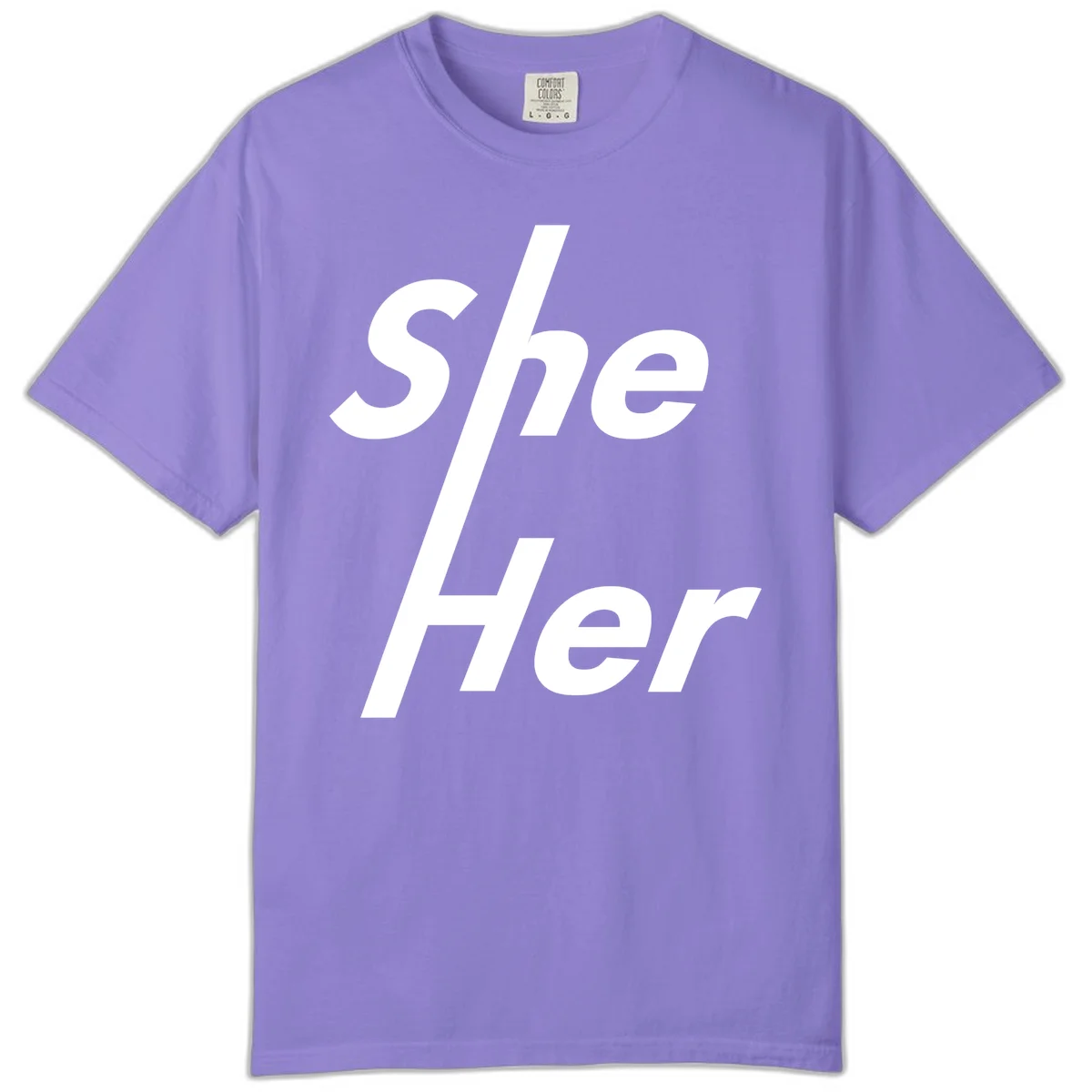 White text reading 'She/Her' with a diagonal forward slash on gray background, pronoun pride design in Violet