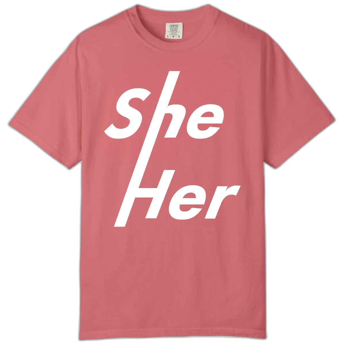 White text reading 'She/Her' with a diagonal forward slash on gray background, pronoun pride design in Watermelon