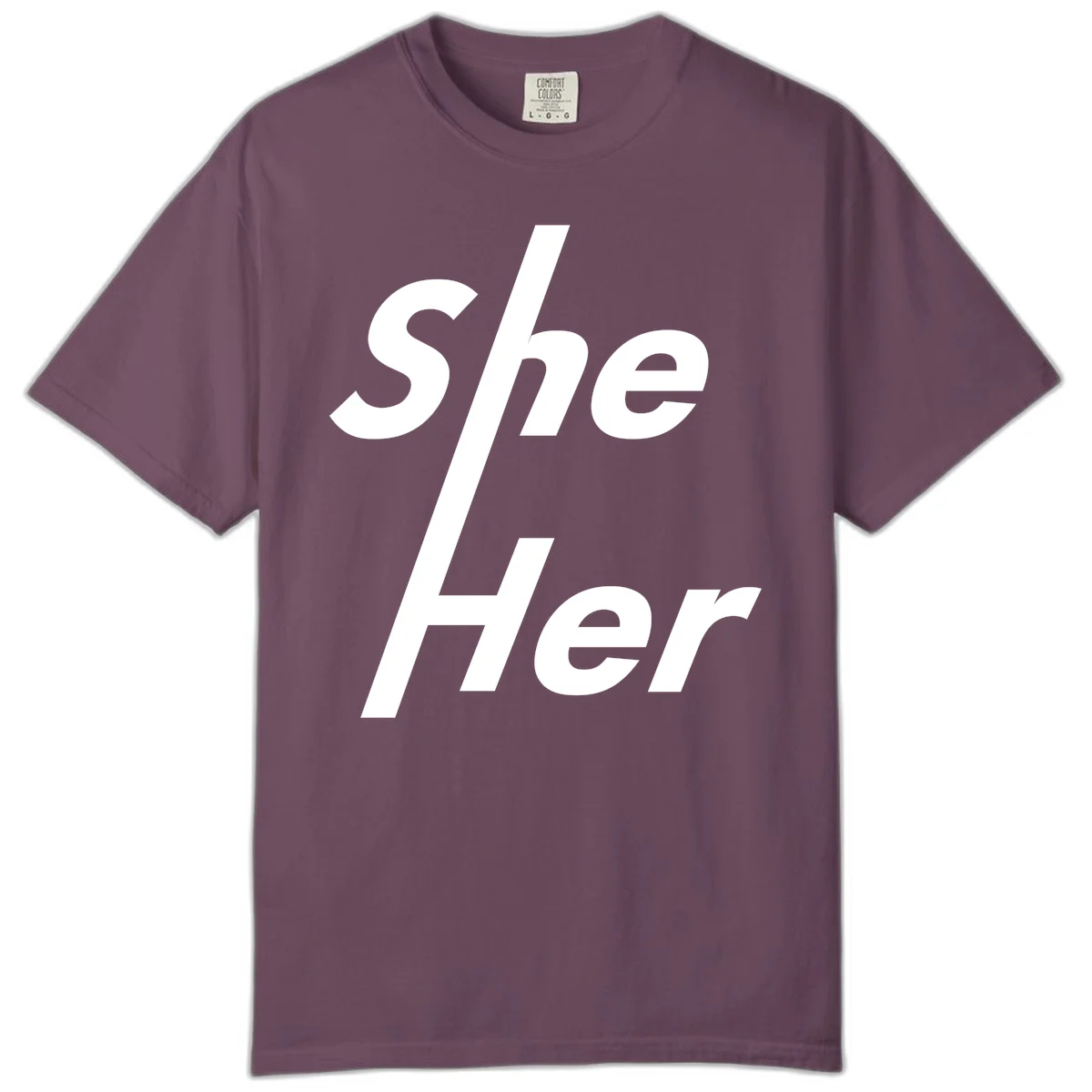 White text reading 'She/Her' with a diagonal forward slash on gray background, pronoun pride design in Berry
